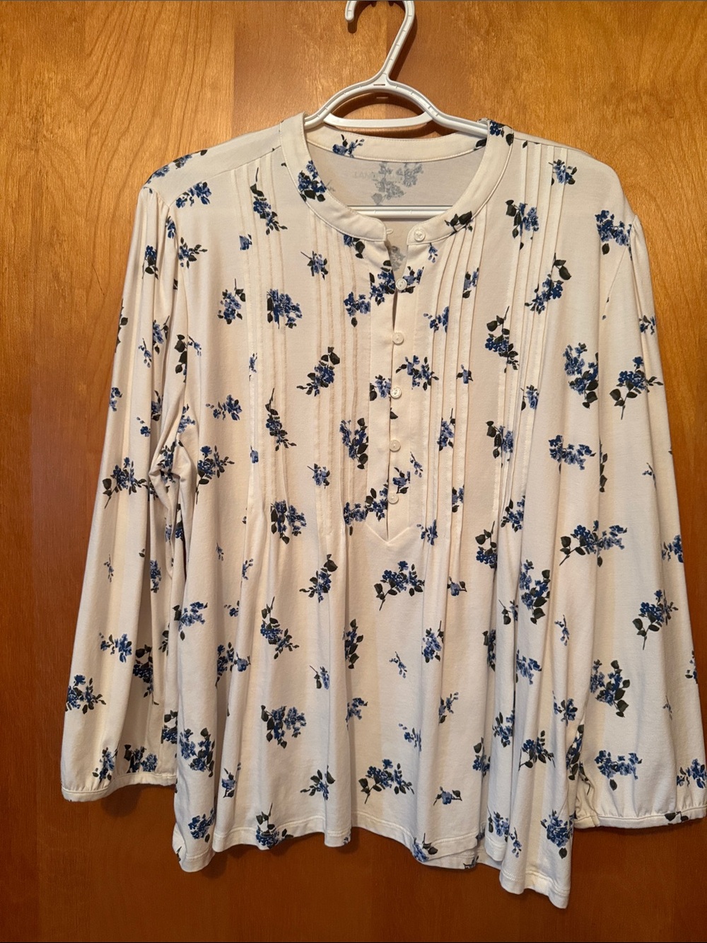 Lands' End Cream Long-Sleeve Floral Pintuck Blouse - Blue Print
